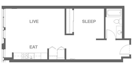 Floor plan for 1 bed, 1 bath, 646 sqft